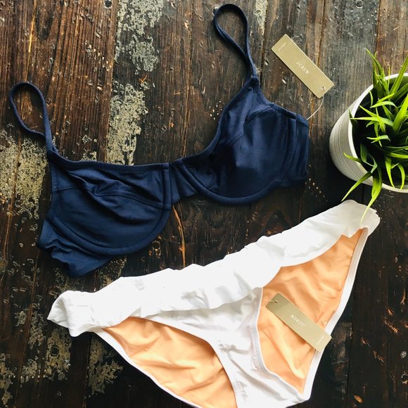 J. Crew Other - J. CREW Navy White Ruffle Bottom Bikini Swimsuit